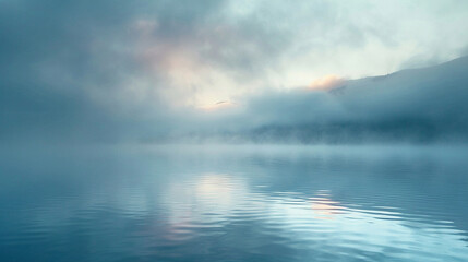 Dense fog rolling over a tranquil lake at sunrise.
