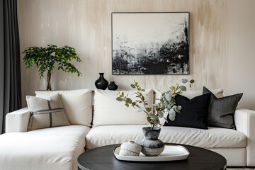 Scandinavian Modern Living Room with Black and White Decor and Abstract Art