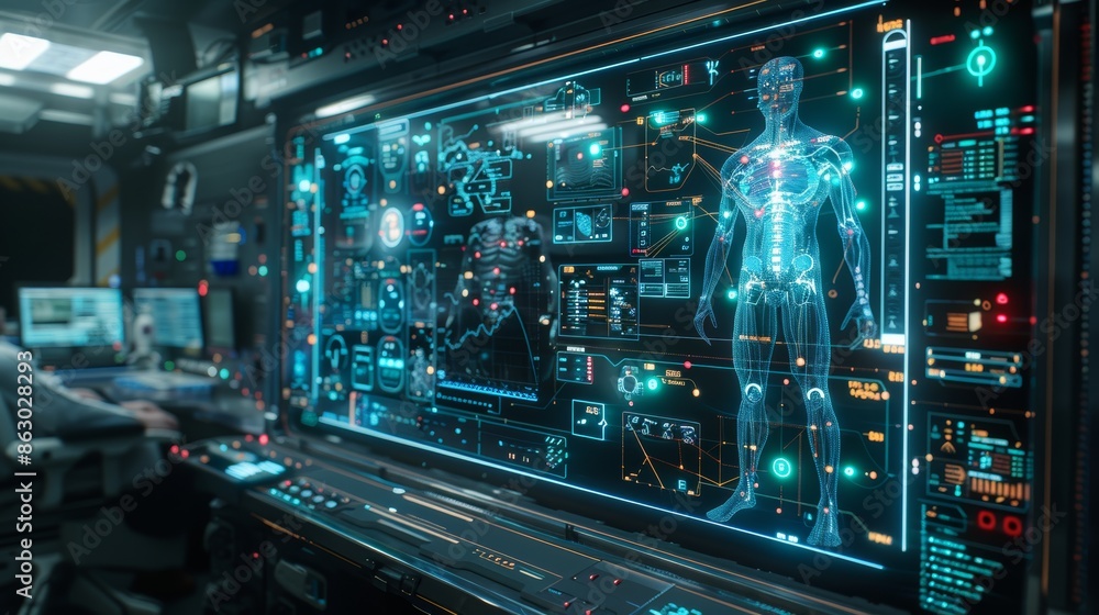 Poster a futuristic medical interface that utilizes augmented reality to overlay medical data onto a patien
