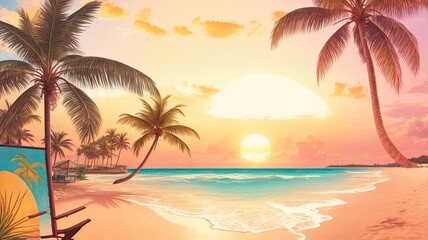 Vibrant tropical colors and textures are combined with vintage charm in this artistic summer collage with palm trees and beach scenes in sunset tones.