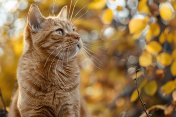 Orange Tabby Cat in Fall: Overweight Big Male Cat in Autumn Outdoors