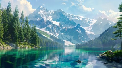 Fototapeta premium Illustration of A pristine lake with crystal-clear water, surrounded by snow-capped mountains and pine forests