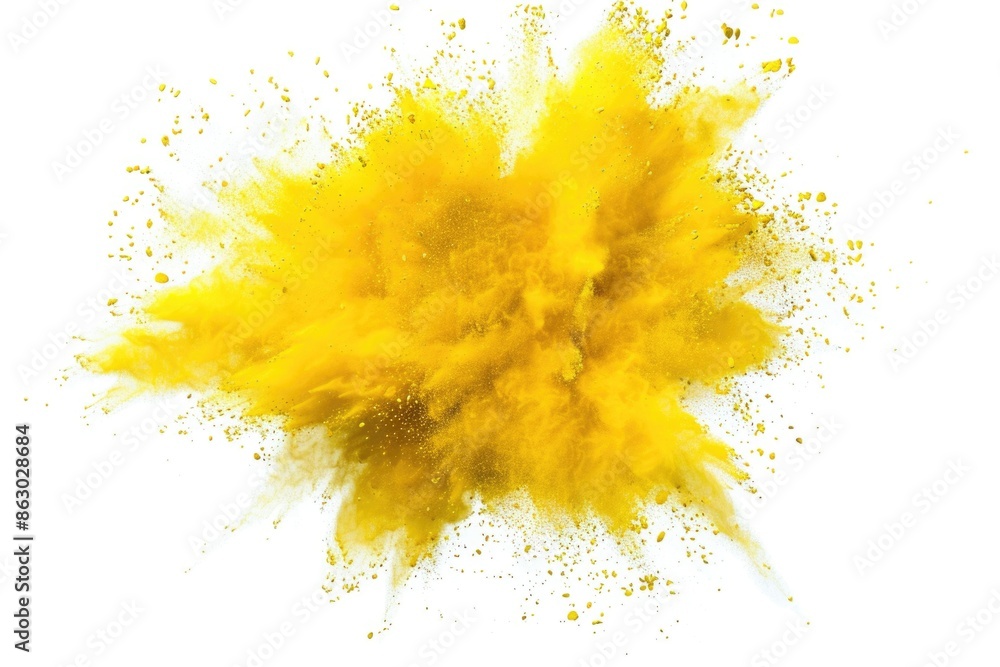 Poster a sudden and intense explosion of yellow powder on a white background, suitable for use in science o