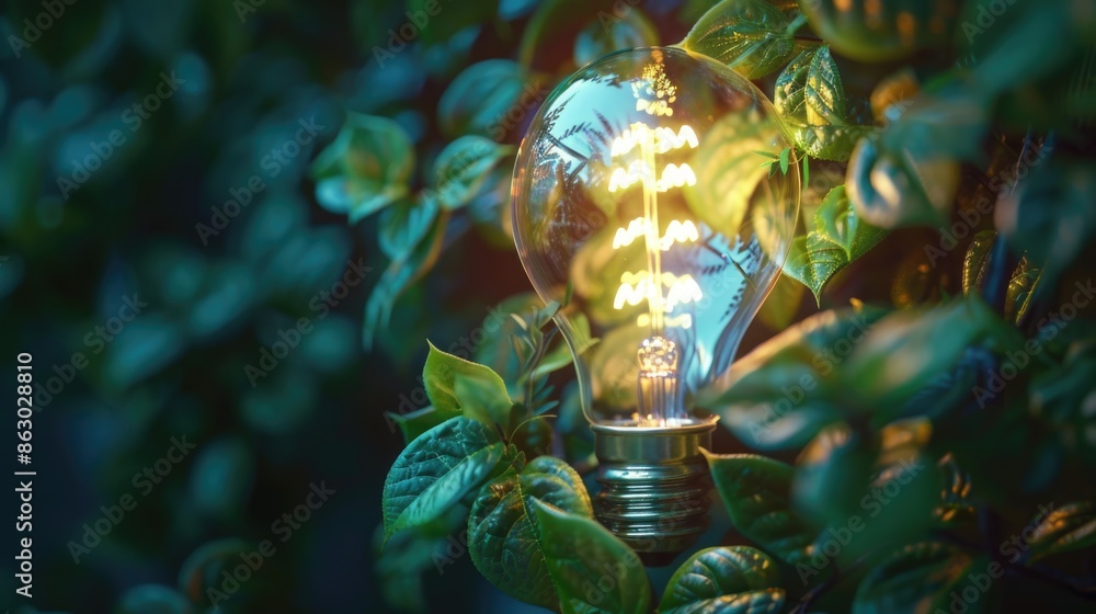 Poster a single light bulb sits on the edge of a leaf-covered tree branch