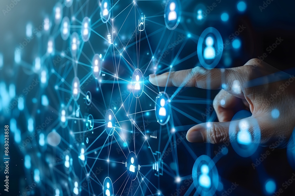 Poster digital network connection concept with hand interacting with virtual interface