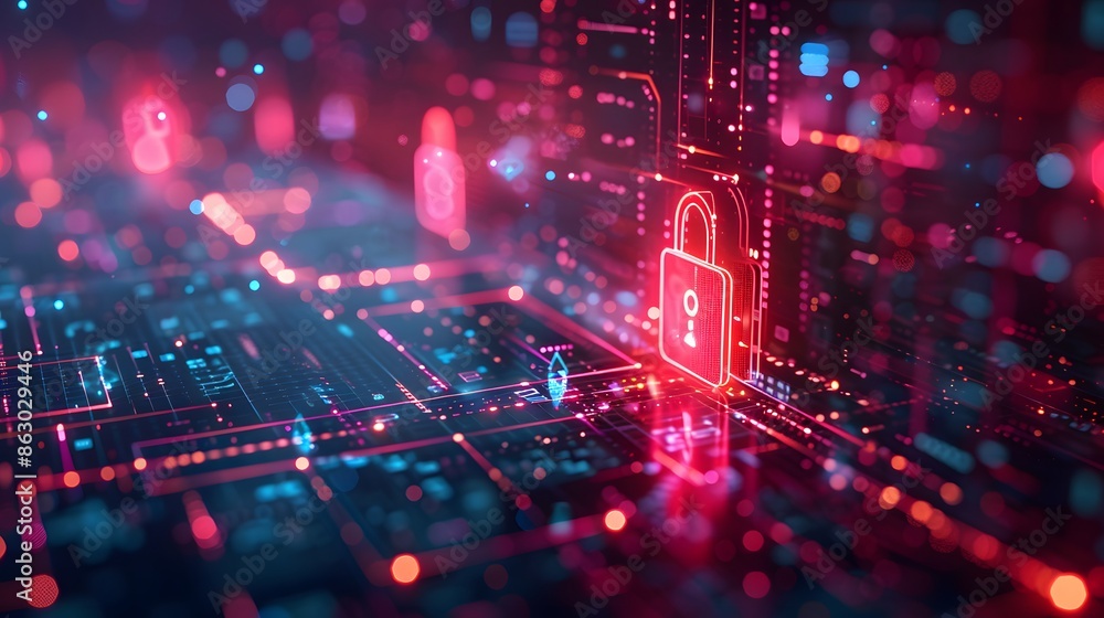 Poster digital security concept with glowing locks and circuitry