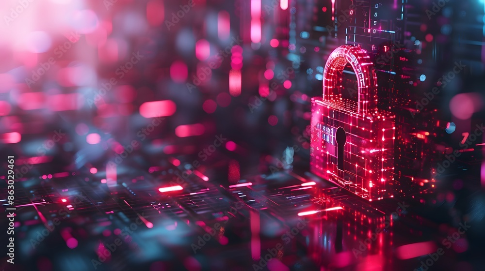 Poster digital security concept with glowing lock and cyber network
