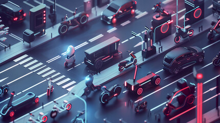 Future mobility concept with electric scooters and bicycles sharing system.