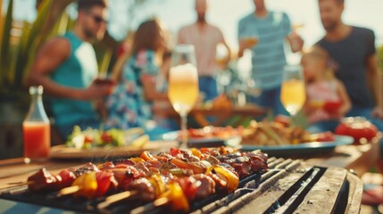 Group of friends having party outdoors. Focus on barbecue grill with food, with copy space