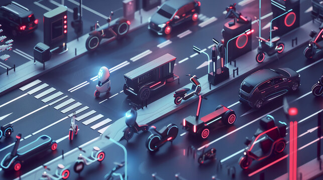 Future mobility concept with electric scooters and bicycles sharing system.