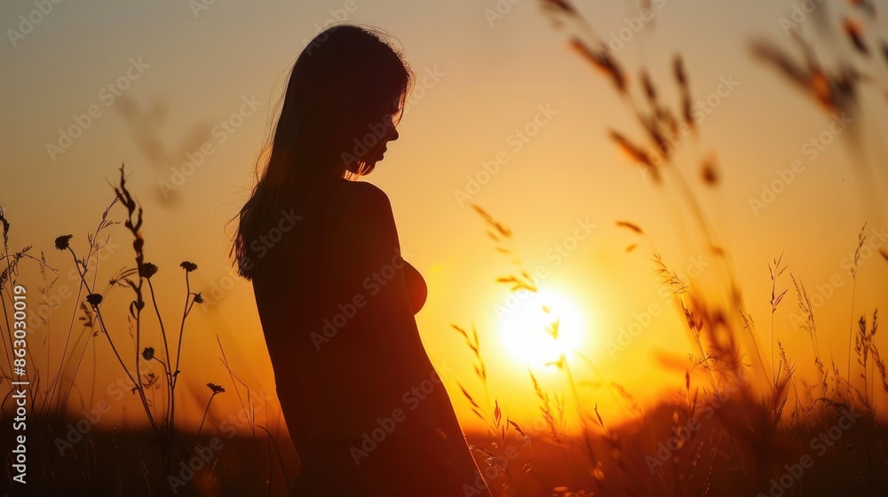 Sticker A woman stands alone in a field as the sun sets behind her, with a warm glow and long shadows