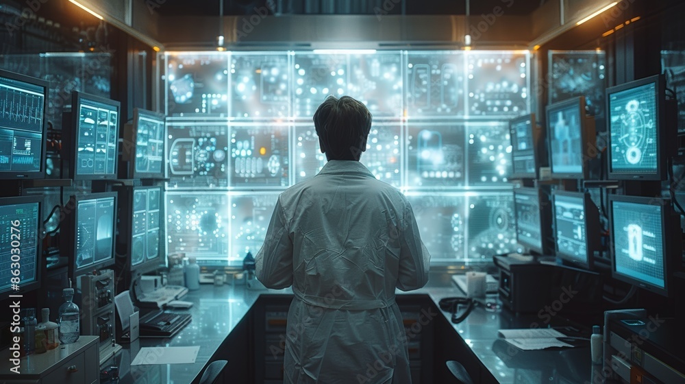 Poster a high-tech medical clinic with a doctor using a transparent touchscreen interface to access patient