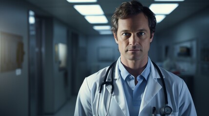 Obraz premium A high-resolution portrait of a female doctor wearing a stethoscope, her gaze conveying intelligence and expertise.