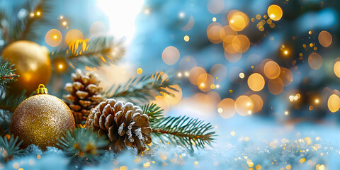 On a background of white snow, Christmas golden balls with sequins and garland lights, fir branches, Christmas and New Year, holiday card, text greeting, banner. Banner, place for text