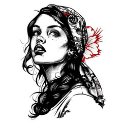 Fototapeta premium Black and white portrait of a woman with long hair tattoo sketch isolated on white background