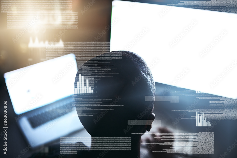 Poster back, man, overlay and computer screen as hacker on fraud or cloning for credit card, information an