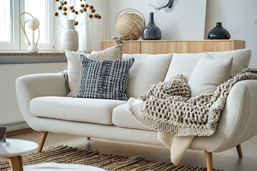 Modern Scandinavian Living Room with Beige Sofa and Cozy Decor