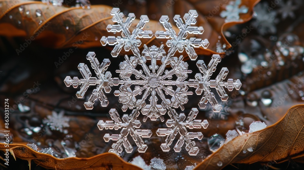 Poster a macro photograph of a single snowflake resting on a leaf, its intricate patterns visible under mag