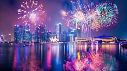 Vibrant fireworks illuminate the Marina Bay skyline in Singapore marking their National Day with a dazzling spectacle