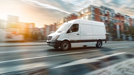 Obraz premium White delivery van driving through city streets at sunset. Motion blur emphasizes speed. High quality, urban, transportation stock photo used for services, logistics, and delivery themes. AI