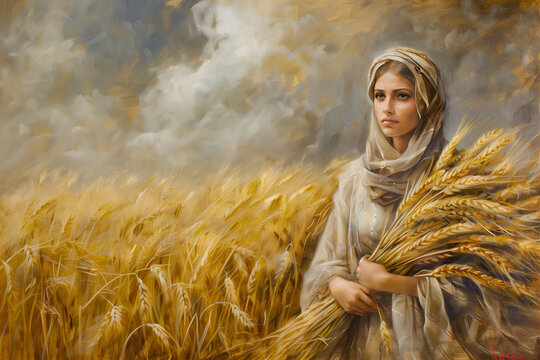 Artistic painting of Ruth, holding sheaves of wheat, symbolizes humility and hard work