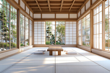 Japanese Room with Tatami Matting and Wooden Table