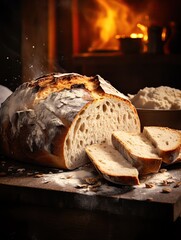 Freshly baked rustic bread loaf with slices on a wooden board, warm and inviting ambiance with flour and fire in the background.