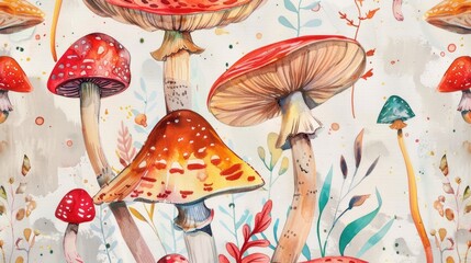 Modern Mushrooms Watercolor, Botanical Illustation, simple style