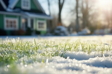 Frozen lawn, snow on the grass in front of a house.