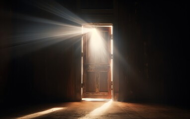 Sunlight streams through an open door into a dimly lit room, creating a mystical and serene atmosphere with beams of light and shadow.