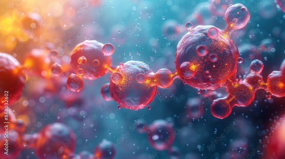 Poster a microscopic view of a complex biological pathway, with intricate connections and interactions betw