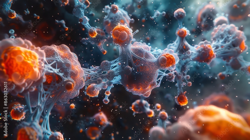 Poster a microscopic view of a complex biological pathway, with intricate connections and interactions betw