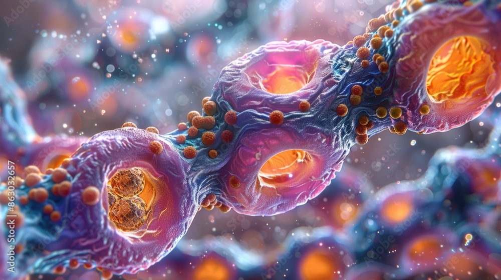 Poster a microscopic view of a healthy cell, its structures and organelles clearly visible, representing th