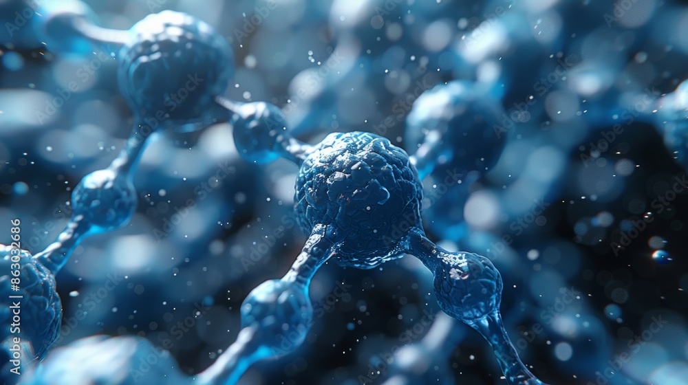 Poster a microscopic view of a complex biological pathway, with intricate connections and interactions betw