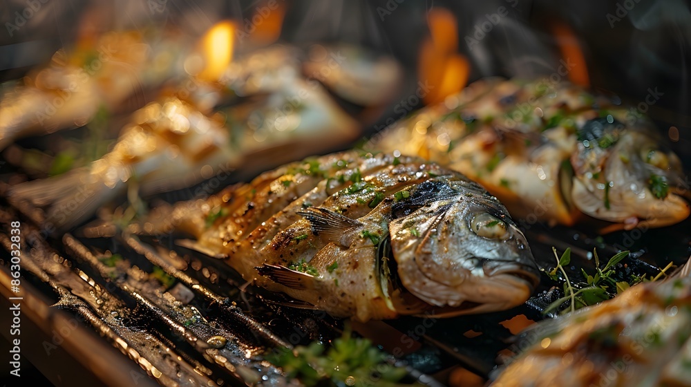 Wall mural Delicious Grilled Fish with Herbs and Spices on a Barbecue Grill