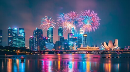 Dazzling array of fireworks over Singapores skyline during National Day isolated on gradient sky background with room for text