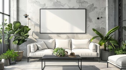 Interior design of living room with black poster mock up frame