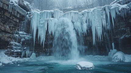 Frozen waterfall cascades down rocky cliffs, icicles hang from the edges, creating a dramatic winter scene.