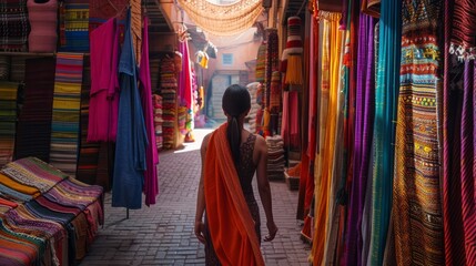 Bustling Marrakech market teems with color as an explorer sifts through vibrant textiles amid aromatic spices under the harsh August sun