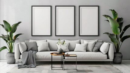 Interior design of living room with black poster mock up frame