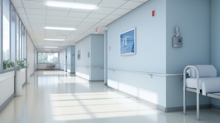 A photorealistic image of a blurred hospital corridor with a poster on the wall about hand hygiene.