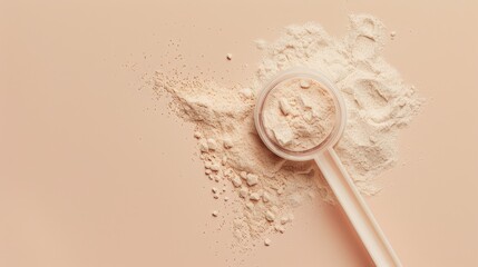 Hydrolyzed collagen powder scoop on beige backdrop promoting food additives for health