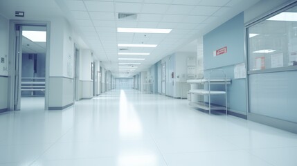 A photorealistic image of a blurred hospital corridor with a sign pointing to the emergency room.