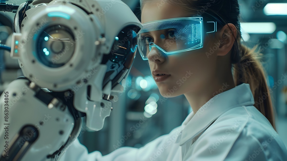 Poster futuristic scientist interacting with advanced ai robot
