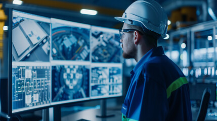 Smart Manufacturing Engineer Standing confident and computer screen document background.