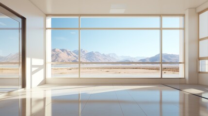 A photorealistic image of a blurred hospital corridor with a window looking out onto a mountain range.