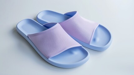 Pair of purple and blue slides on a plain background. Minimalist design and casual footwear. Perfect for summer days or indoor use. Stylish and comfortable slip-ons with open toe design. AI
