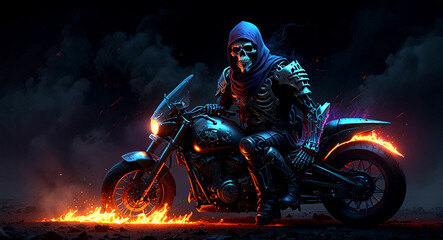 3d hyper realistic illustration. Dark fantasy of skeleton warrior, with long hair and red pattern bandana, wearing black shiny mecha-armor-suit and big black shiny armor-battle boots. riding burn moto