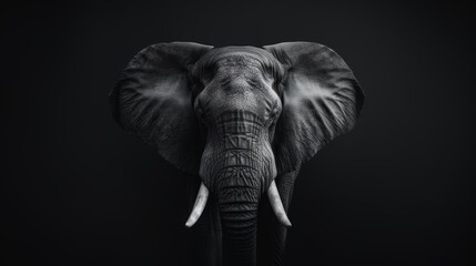 Stunning black and white photograph of a majestic elephant head, front view, highly detailed skin and tusks, set against a pitch-black background