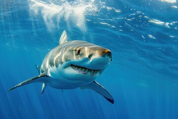 Obraz premium Great White Shark: Big Predator with Ocean Blue Background